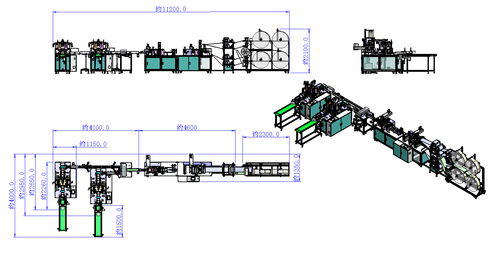 Automatic 1+2 KF94 fish mask machine three view drawing